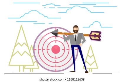 Young businessman aiming at the target with bow and arrow vector flat illustration. Young man in the suit arching in the target. Business concept goal and accuracy