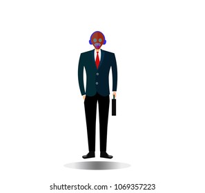 Young businessman from the alien isolated on white background. Borderless business concepts. Masked man holding a bag in the left hand.Vector eps10. 