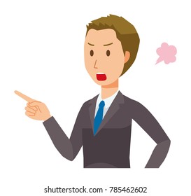 A young businessman is angrily pointing to a finger
