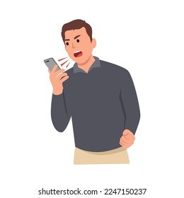 Young Businessman Angry on smartphone. Stressful man business shouting and screaming. Flat vector illustration isolated on white background
