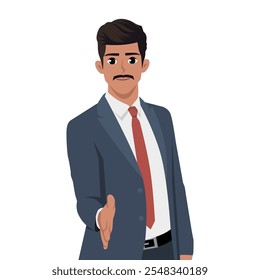 Young Businessman asking for a handshake hand. Flat Vector Character Isolated.