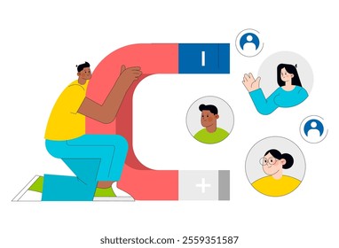 Young businessman attracting diverse clients and contacts with a magnet. Networking and audience growth concept. Vector illustration.