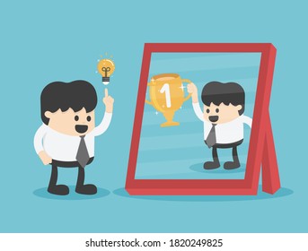 Young businessman ave good ideas. see reflection from mirror he achieved and victory