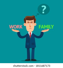 A young businessman is balancing between work and family. A man chooses between a career and a family. Vector illustration, flat design, cartoon style, isolated background.