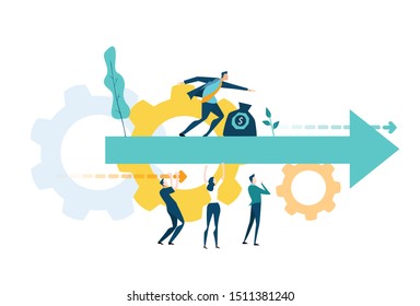 Young businessman balancing on the arrow and moving fast forward. Solving problem, achievement and working in progress concept 