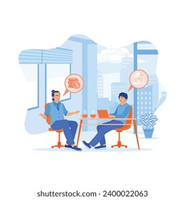 Young businessman and banker sitting on chairs drinking tea together. They discuss the company's financial problems in the office. Discuss Information concept. trend modern vector flat illustration