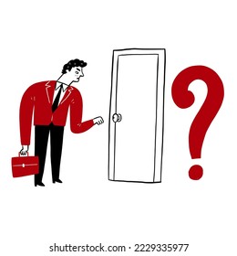 Young businessman be front the door while the Question Mark behind thing. Hand drawn vector illustration