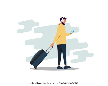 Young businessman with a beard pulling luggage busy with a mobile phone. The concept of rest. Labor balance of life. Digital nomad. Vector flat man with a phone and a suitcase. Man dressed in casual