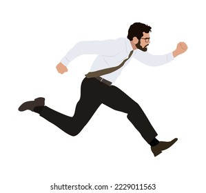 Joven empresario con barba corriendo. Hombre de confianza con traje formal con vista lateral de largo. Concurso comercial y concepto de liderazgo. Ilustración realista vectorial plana aislada en fondo blanco