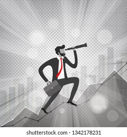 young businessman with beard and telescope in his hand looks to the future and goes up growth business statistics charts showing different visualization graphs