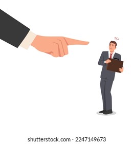 Young businessman being pointed by giant finger. Flat vector illustration isolated on white background
