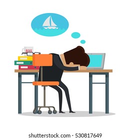 Young businessman in black business suit sleeping and dreaming about yachting. Summer vacation at sea concept. Business people in office. Vector illustration in flat design.