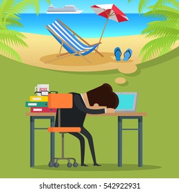 Young businessman in black business suit sleeping and dreaming about holidays. Summer beach vacation concept. Business people in office. Vector illustration in flat design.