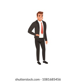 Young businessman in black formal suit. Man with smiling face expression. Flat vector illustration