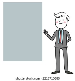 Young businessman with blank signboard. Happy businessman making a gesture to blank signage. Portrait of confident young male presenter pointing at empty placard. Hand-drawn vector.