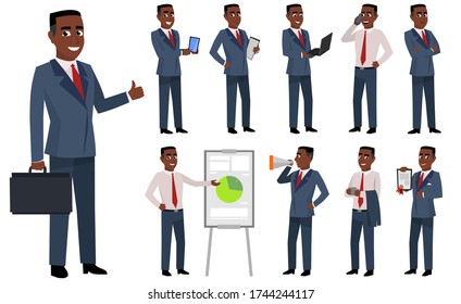 Young businessman boss cartoon character set vector illustration. Smart man in various poses. Collection of african-americans businesspeople performing different actions flat style concept
