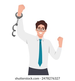 Young businessman break a chain to get a freedom. Flat vector illustration isolated on white background