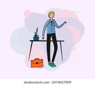 Young businessman with briefcase in office. Positive employee standing near office desk vector illustration. Business, professional, occupation concept for banner, website design or landing page