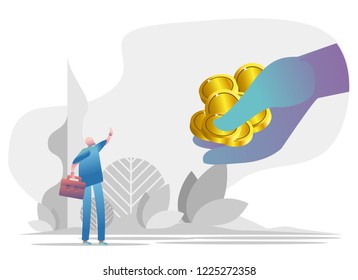 Young businessman with a briefcase reaching for a hand with money and coins. Vector illustration.