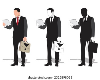 Young businessman with briefcase reading newspaper vector