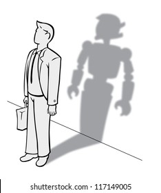 young businessman with briefcase with robot shadow