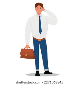 Young businessman with briefcase talking by mobile phone on whit