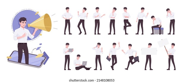 Young businessman, brunette manager character set, corporate business bundle, different poses, emotions, various office situations. Vector flat style cartoon character isolated on white background