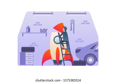 A Young Businessman Is Building A Rocket Or Startup From His Car Garage Vector Illustration Concept Background