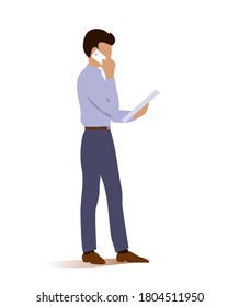 Young businessman is business discussing on the phone. He holds a document in his hand. Vector isolated illustration of a man.