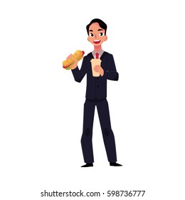 Young businessman in business suit eating sandwich, holding coffee cup, lunch break concept, cartoon vector illustration isolated on white background. Businessman, employee eating lunch on the go