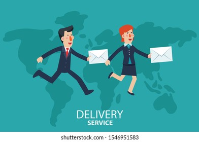 Young businessman and business woman running over the world map. Post letter, delivery service or e-mail vector concept