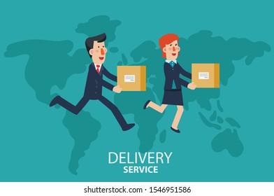 Young businessman and business woman running over the world map. Post letter, delivery service or e-mail vector concept