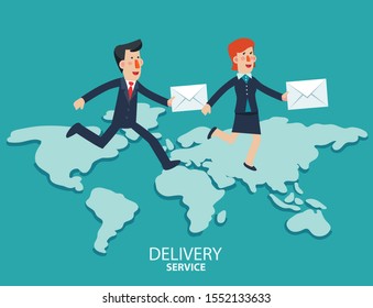 Young businessman and business woman running over the world map. Post letter, delivery service or e-mail vector concept