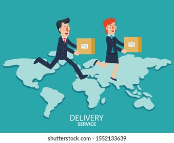Young businessman and business woman running over the world map. Post letter, delivery service or e-mail vector concept