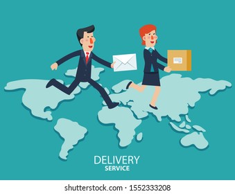 Young businessman and business woman running over the world map. Post letter, delivery service or e-mail vector concept