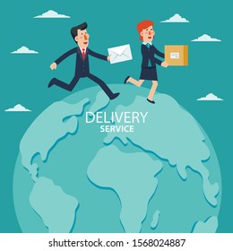 Young businessman and business woman running over the world map. Post letter, delivery service or e-mail vector concept