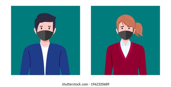 Young businessman and businesswoman avatar wearing fabric facial mask and business outfit
