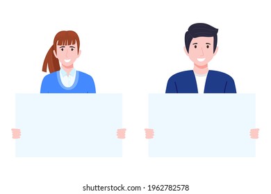 Young businessman and businesswoman character holding placards isolated