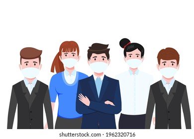 Young businessman businesswoman character team standing wearing fabric facial mask
