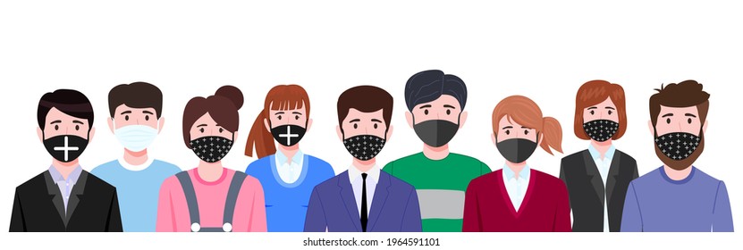 Young businessman and businesswoman character team wearing business outfit and facial fabric mask