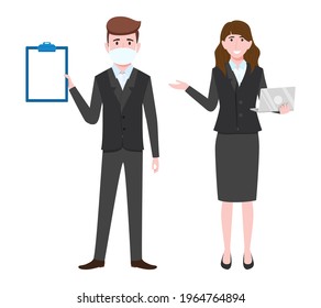 Young businessman and businesswoman character wearing business outfit and facial mask standing with laptop and clipboard