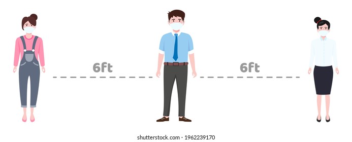 Young Businessman Businesswoman Characters Standing Wearing Business Outfits And Keeping Social Distance 6ft