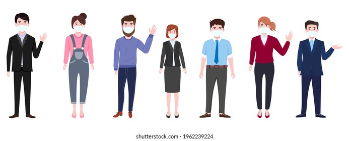 Young businessman businesswoman characters standing wearing business outfits and mask and posing and waving