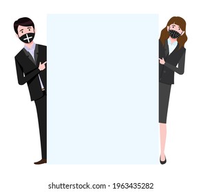 Young Businessman And Businesswoman Characters Wearing Buisness Outfit And Facial Fabric Mask Standing Behind And Pointing To A Blank Board