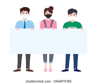 Young businessman and businesswoman characters wearing business outfit and fabric facial mask standing with placard