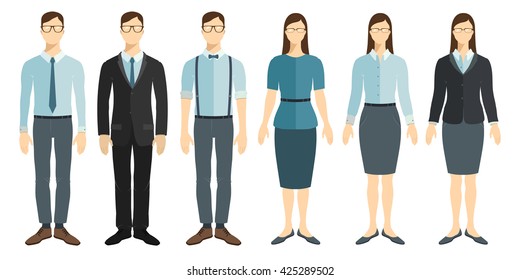 Young businessman and businesswoman in flat style. Vector collection.