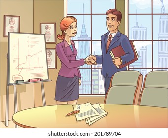 The young businessman and the businesswoman are glad to sign the contract and shaking the hands in the meeting room.