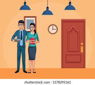 young businessman and businesswoman at office scenery background, colorful design , vector illustration