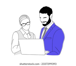 Young businessman and businesswoman working at laptop together. Business people using computer. Vector simple outline drawing for graphic, web design Isolated on white background