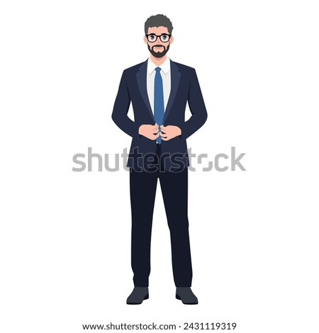 Young Businessman buttoning suit jacket with Tie looking at viewers. Flat vector illustration isolated on white background